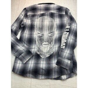 BADWOOD OG Ski Mask Flannel Shirt Size S Blue Plaid Sleeve Hit Logo Unisex Rare
